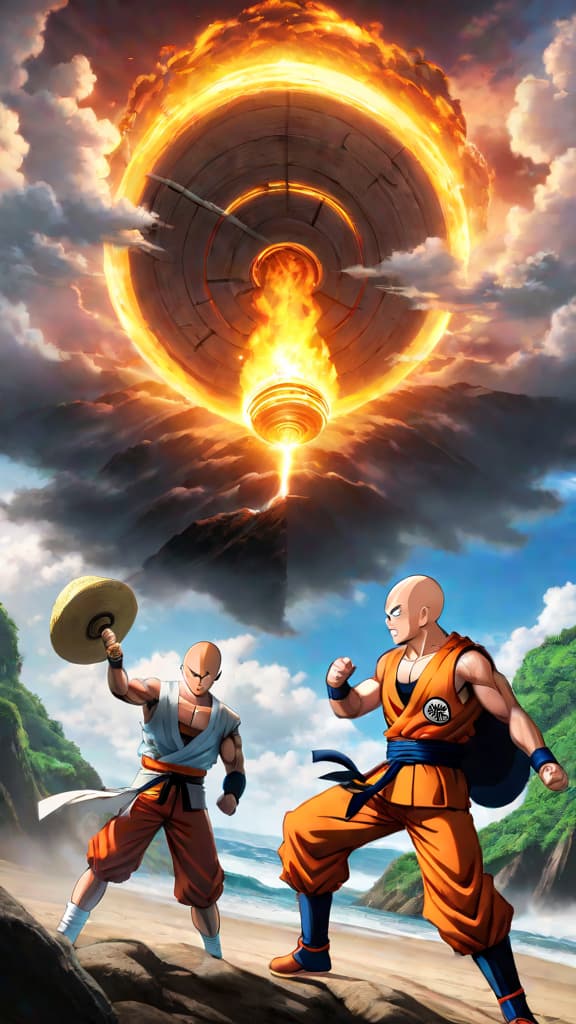  anime art: saitama faces off against goku, naruto, and luffy in an epic showdown of power. hyperrealistic, full body, detailed clothing, highly detailed, cinematic lighting, stunningly beautiful, intricate, sharp focus, f/1. 8, 85mm, (centered image composition), (professionally color graded), ((bright soft diffused light)), volumetric fog, trending on instagram, trending on tumblr, HDR 4K, 8K