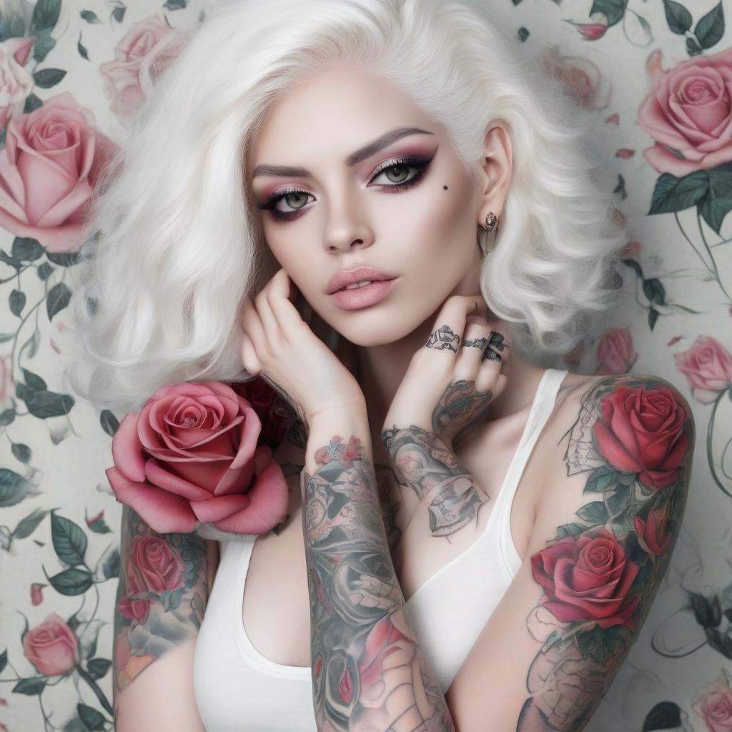  beautiful latina woman with black hair and a white lock ,albino eyes and rose tattoos on a full arm