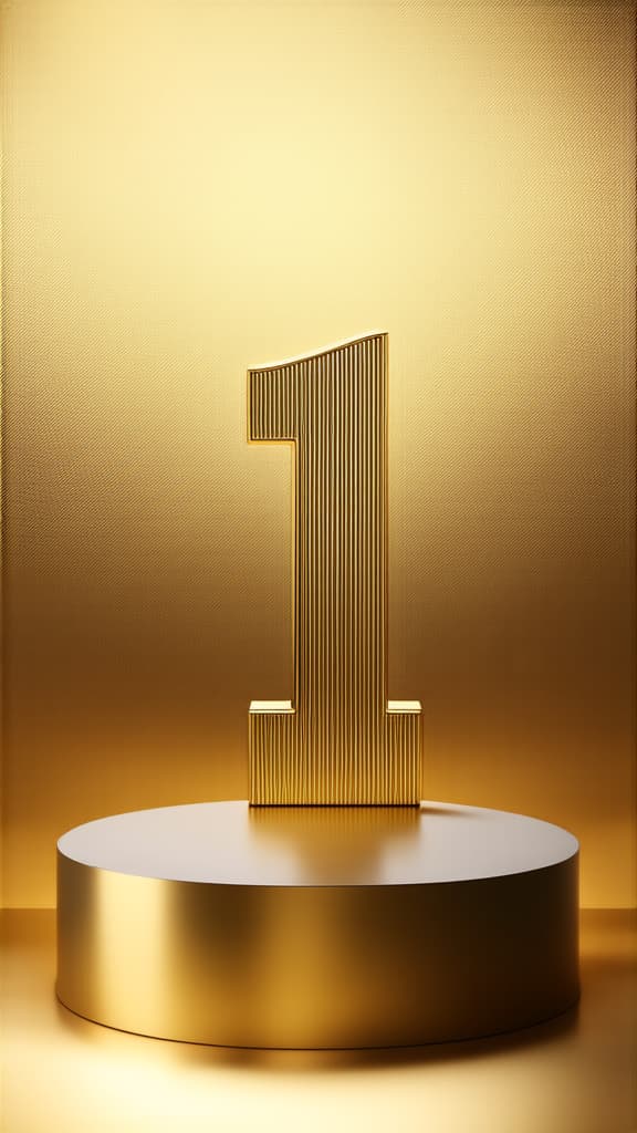  professional detailed photography, gold " 1" на metallic gold podium on a glowing gold background ar 9:16, (muted colors, dim colors, soothing tones), (vsco:0.3)