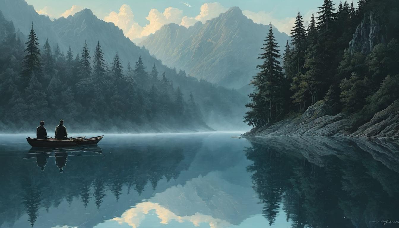  （surrealism)a figure looking at a clear reflection of themselves in a calm lake, realization, self awareness mystic, intricate details, best quality)