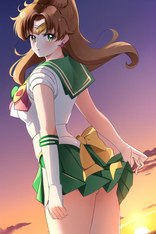  women with,(sailor jupiter:1.3), (masterpiece), (highest quality), (intricate), (high detail),sunset, sunset behind her, sunset background, masterpiece, best quality, high quality, solo