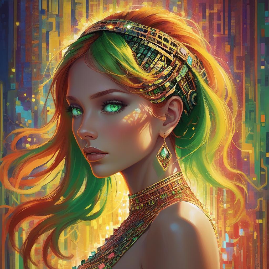  concept art a woman with vibrant multicolored hair and a bejeweled headband, with striking green eyes and gold earrings. high quality, 8k ultra hd, imagine a vibrant canvas illuminated by a cascade of colorful binary code, forming the silhouette of a captivating brown wavy flowy hair woman, the dynamic lines and patterns, reminiscent of a digital dance, weave together to create a harmonious fusion of technology and art, the binary code, in hues ranging from electric blues to radiant reds and vivid greens, breathes life into the woman's form, her silhouette emerges as a synthesis of the digital and the organic, a testament to the seamless integration of technology and beauty in your masterful creation, high detailed, she is standing infront