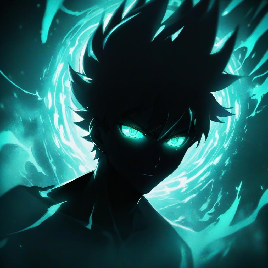  anime artwork a shadow of a man with glowing eyes, surrounded by a vibrant teal energy aura, dark anime style . anime style, key visual, vibrant, studio anime, highly detailed