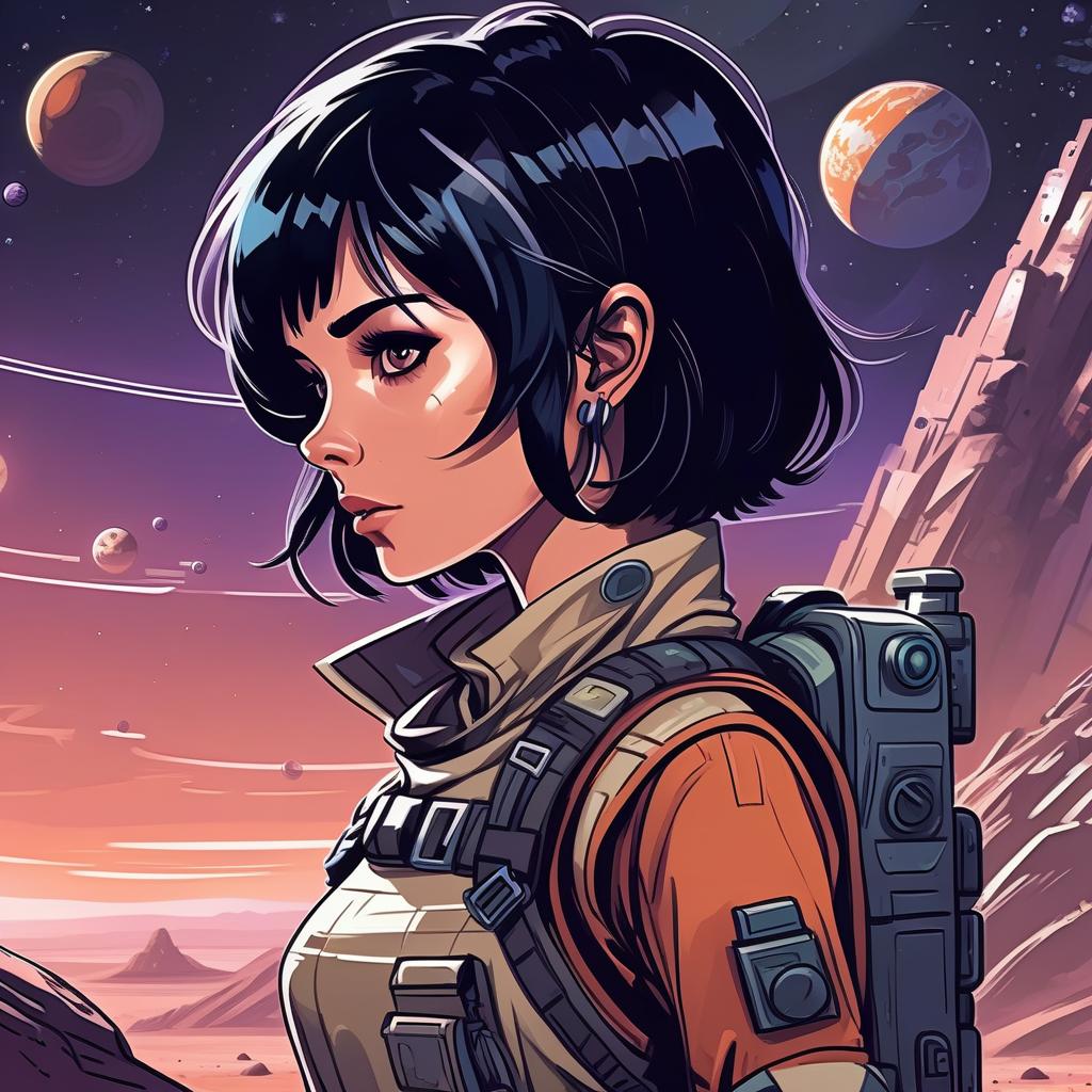  draw a female character, a short hairstyle black hair, a character living on a distant colonized planet, a tracker