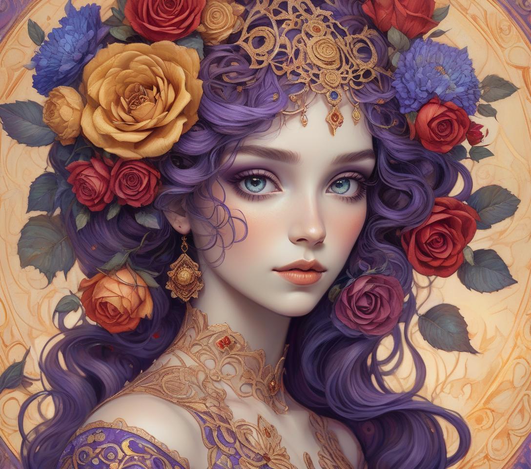  a close up full body portrait of an stylish beautiful woman dressed in klimt style with a beautiful and very detailed face,style of jean baptiste monge, van gogh style, so many kind of flowers ,roses, klimt style. sunset. background, masterpiece, use shades of purple , blue, red and green best quality, super detailed, high resolution, very detailed, 8k uhd, realistic, (natural light), amazing, fine details, best, high quality, raw photo. arte nova. ember filigree and lace.