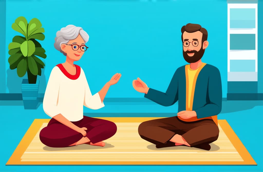  cute old lady and man sitting on the rug and meditating. style flat illustration ar 3:2 {prompt}, maximum details