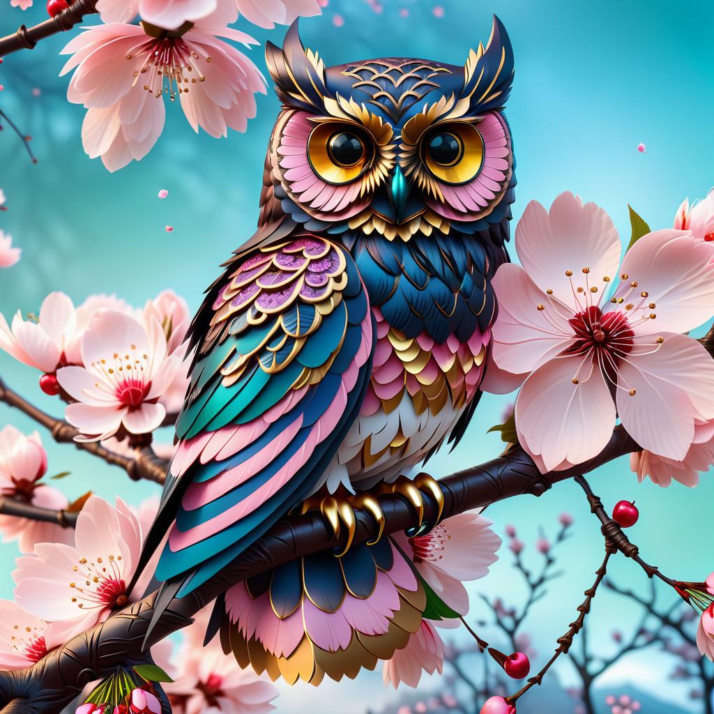  gothic style ((an owl sits surrounded by large cherry blossoms)) . (colours):pink, white pink, gold, green, light green, dark green, blue, dark purple, black. (style):fantasy, fairy tale, cartoon, gothic, tranquility, wisdom, mystery, mystery. . dark, mysterious, haunting, dramatic, ornate, detailed, civitai, hkmagic hyperrealistic, full body, detailed clothing, highly detailed, cinematic lighting, stunningly beautiful, intricate, sharp focus, f/1. 8, 85mm, (centered image composition), (professionally color graded), ((bright soft diffused light)), volumetric fog, trending on instagram, trending on tumblr, HDR 4K, 8K