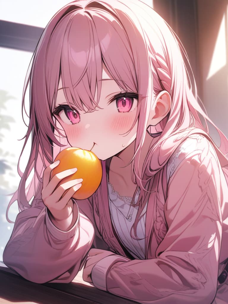  eating peaches, girls, cute, loli, pink hair, pink eyes, innocent, masterpiece, best quality,8k,ultra detailed,high resolution,an extremely delicate and beautiful,hyper detail