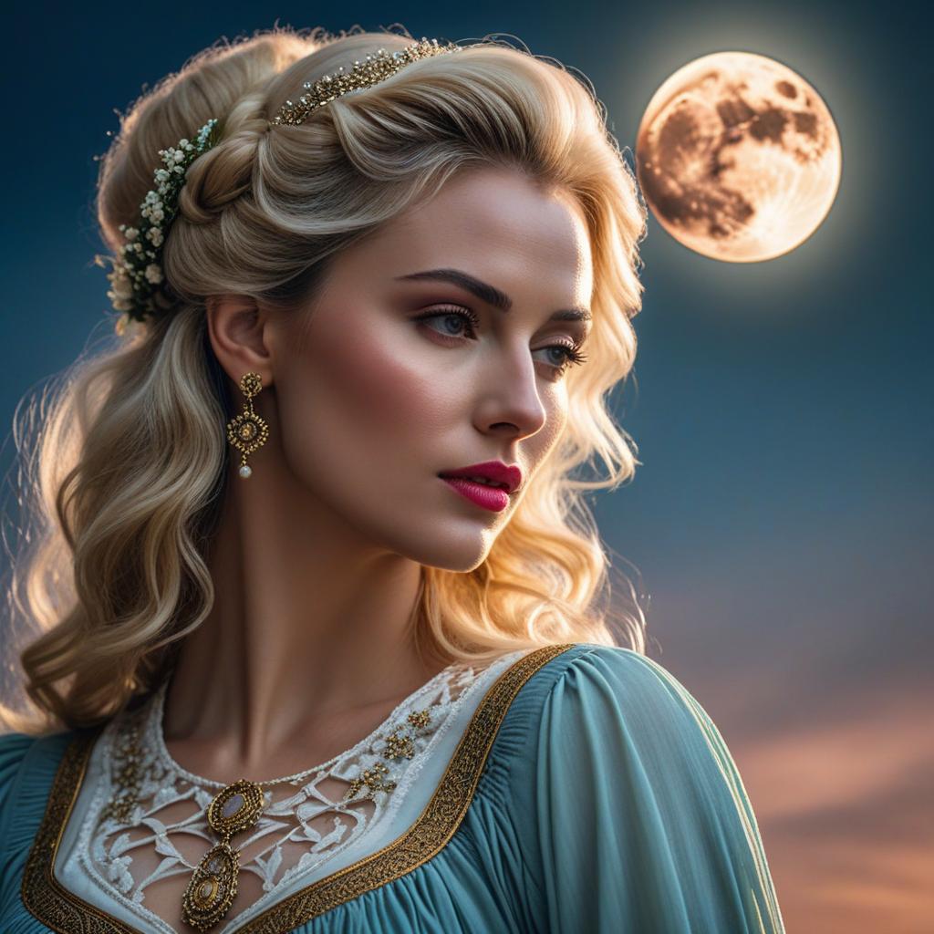  a romantic, highly sensual image of a blond european woman mimicking juliet from romeo and juliet, with tears rolling down her rosy cheeks, watched over by a glowing full moon. take the picture with a fujifilm x t4 and xf 56mm f/1.2 r lens. ensure 'astravision.ai' is at the bottom right corner. hyperrealistic, full body, detailed clothing, highly detailed, cinematic lighting, stunningly beautiful, intricate, sharp focus, f/1. 8, 85mm, (centered image composition), (professionally color graded), ((bright soft diffused light)), volumetric fog, trending on instagram, trending on tumblr, HDR 4K, 8K