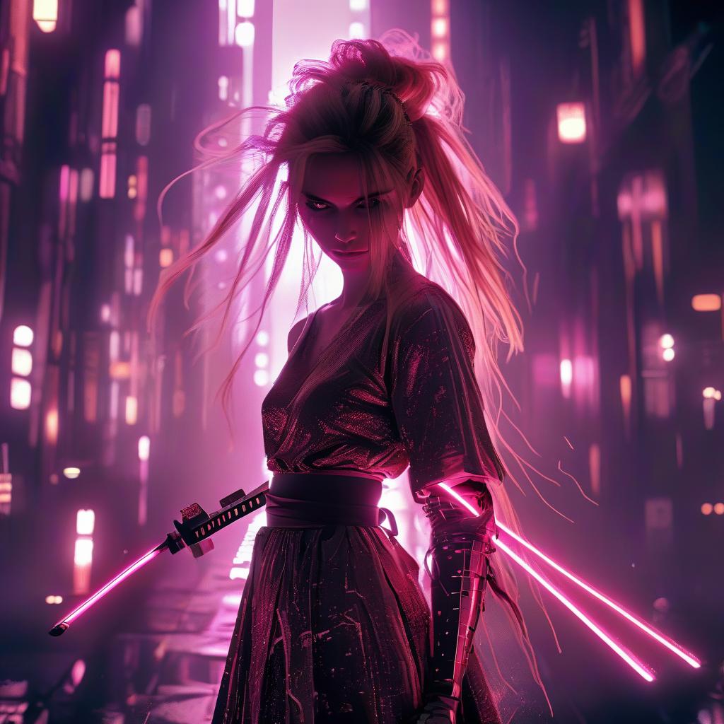  a slender athletic girl with long legs, very high heeled shoes, in her hand a long samurai katana sword, hair tied in a ponytail, in the style of japanese cyberpunk, in bangkok, photo below, in the style of christopher nolan, high quality photography, in an epic pose, glowneon