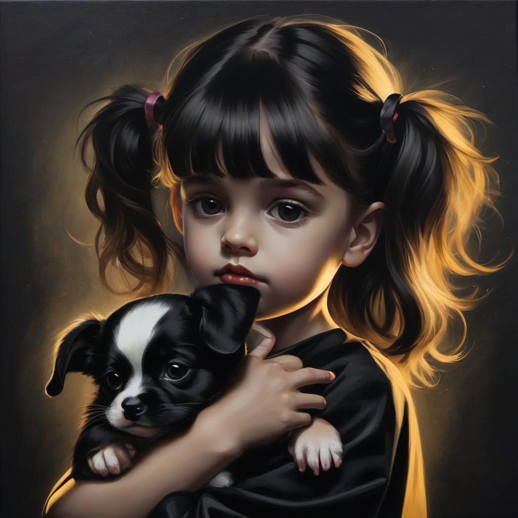  masterpiece. a girl on a black background. a girl with a puppy. graphic painting.