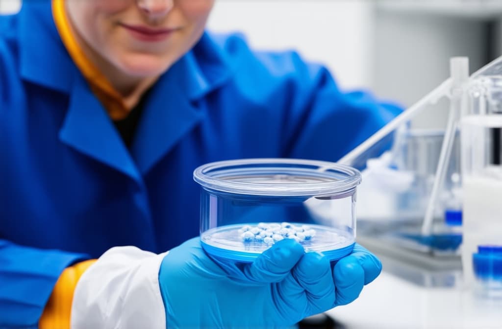  closeup of lab technician examining a petri dish containing a precision sample, representing advanced biotechnology research ar 3:2 {prompt}, maximum details