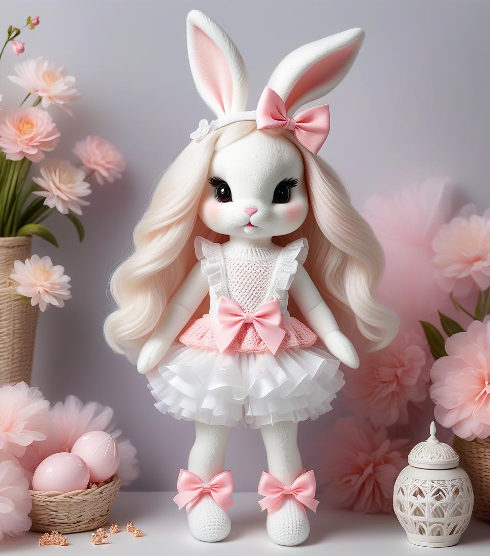  luxury product style a very cute white and pink fluffy bunny, cute cute, with long fluffy floppy ears, with a fashionable elegant crochet headband with a bow, and decorations, standing on two legs, in a crocheted white and pink jumpsuit with ruffles, tulle ruffles, with draperies, with ruffled tulle, with a bow, a peplum, very detailed, dressed in beautiful crocheted shoes with a bow, flying fireflies and neon hearts, glare of light, radiance, fabulously beautiful, tenderness, love, aesthetics, best quality: 1.3, for maximum detail and clarity, professional photo, fotorealism, high resolution, high detail , iso 3200, f/2.8, 16k, uhd, 1/8000sec, 30mm lens, bright light . elegant, sophisticated, high end, luxurious, professional, highly detai hyperrealistic, full body, detailed clothing, highly detailed, cinematic lighting, stunningly beautiful, intricate, sharp focus, f/1. 8, 85mm, (centered image composition), (professionally color graded), ((bright soft diffused light)), volumetric fog, trending on instagram, trending on tumblr, HDR 4K, 8K