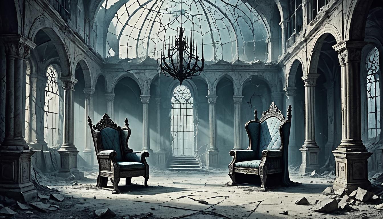  on parchment, surrealism+++, an abandoned throne room, cobweb covered chair, distant light filtering through shattered windows, echoes of desolation, regret(mysterious, provocative, symbolic,muted color)+++