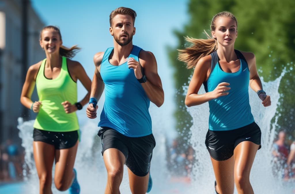  summer day. runners in sportswear. holding water pistols in their hands. They shoot water at each other. a lot of water splashes ar 3:2 high quality, detailed intricate insanely detailed, flattering light, RAW photo, photography, photorealistic, ultra detailed, depth of field, 8k resolution , detailed background, f1.4, sharpened focus