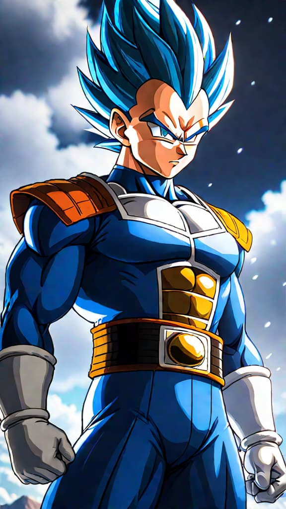  anime art of vegeta from dragon ball mastering ultra instinct, blending pride with serenity in combat. hyperrealistic, full body, detailed clothing, highly detailed, cinematic lighting, stunningly beautiful, intricate, sharp focus, f/1. 8, 85mm, (centered image composition), (professionally color graded), ((bright soft diffused light)), volumetric fog, trending on instagram, trending on tumblr, HDR 4K, 8K