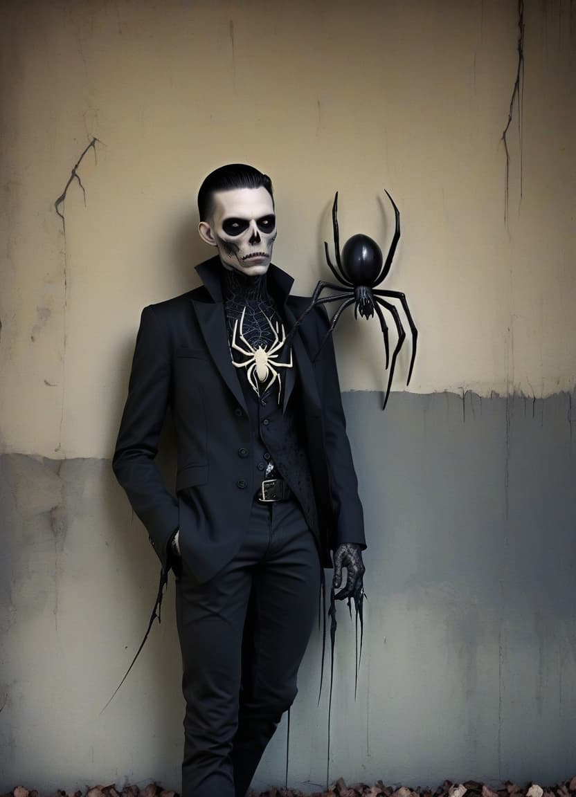  macabre style make him a man with the lower half of a spider's body . dark, gothic, grim, haunting, highly detailed