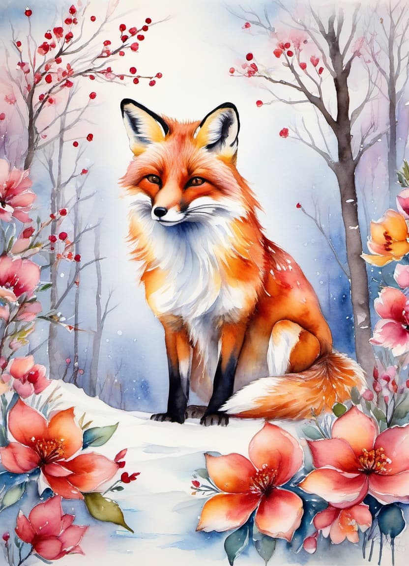  watercolor painting new year, a fox in a kimono, (double exposure: 1.4). (soft textured paper). alcohol ink of (bright) flowers. the incompleteness effect. tenderness of watercolors, winter clearing, winter, elegant tree, delicate colors. thin white lines. emotion. light relief pattern. . vibrant, beautiful, painterly, detailed, textural, artistic