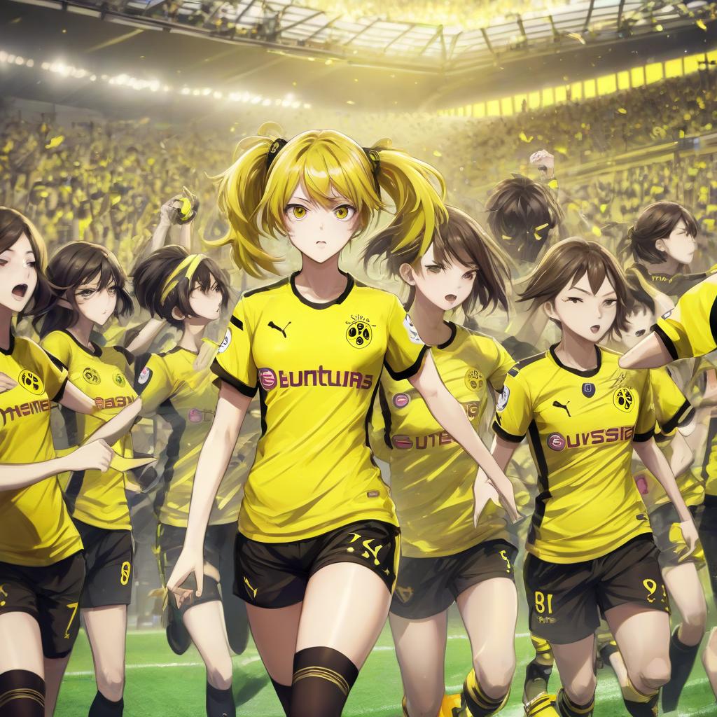  anime artwork anime girl in the form of football club "borussia dortmund" . anime style, key visual, vibrant, studio anime, highly detailed