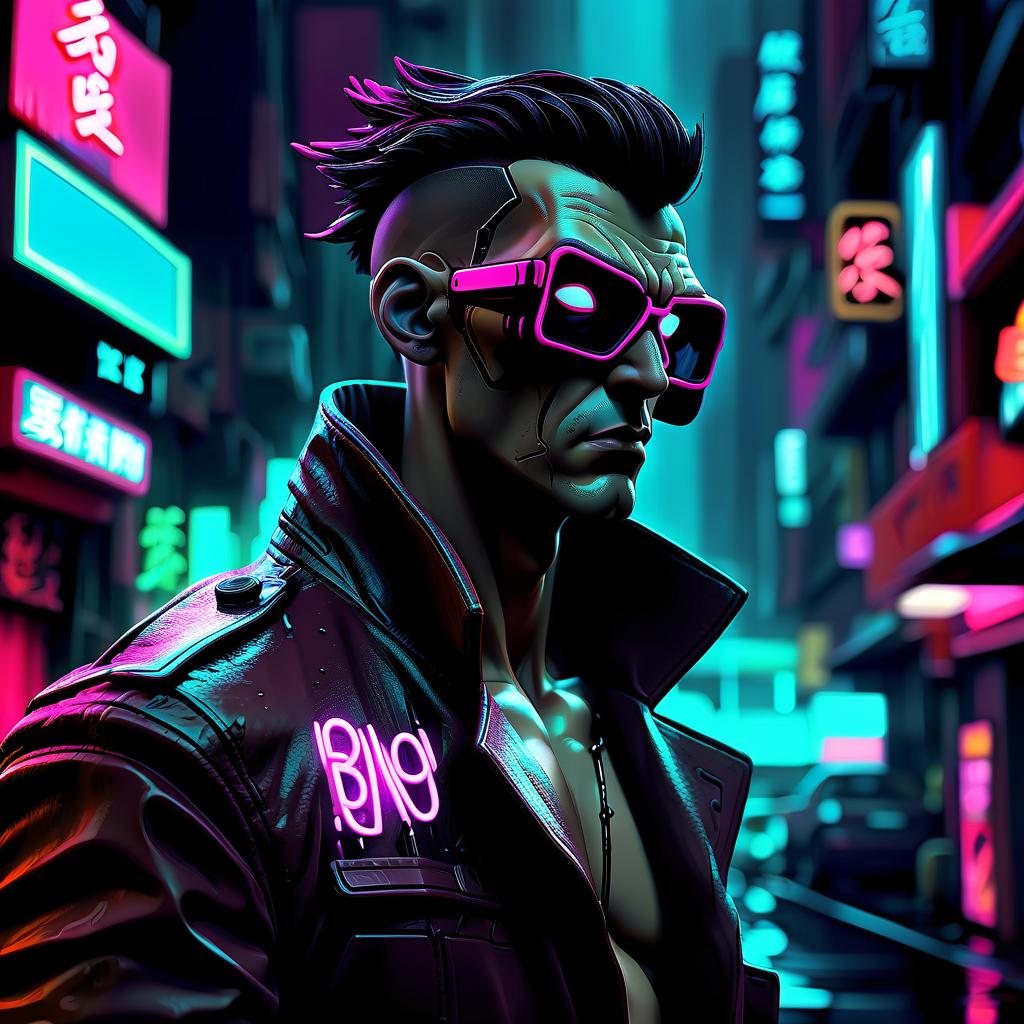  neon noir alastor man . cyberpunk, dark, rainy streets, neon signs, high contrast, low light, vibrant, highly detailed, hkmagic