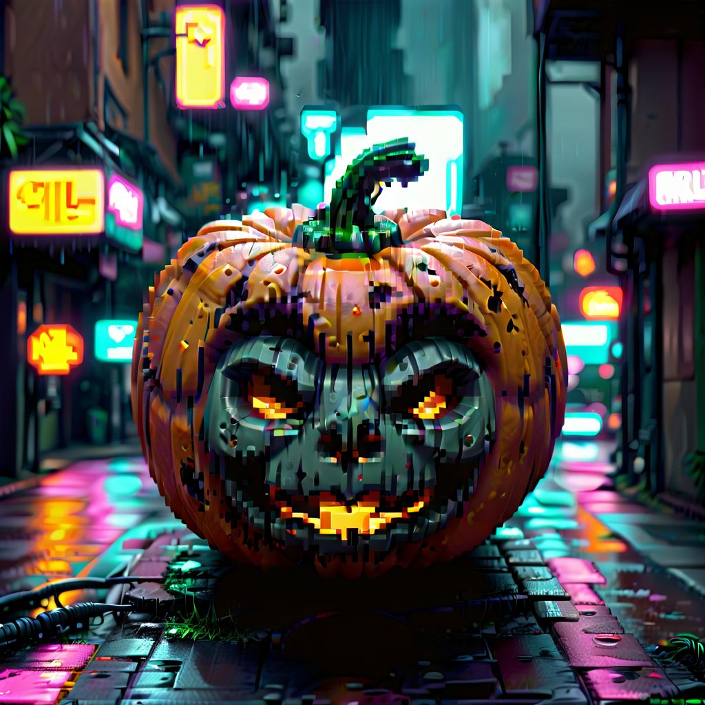  neon noir halloween pixelated pumpkin . cyberpunk, dark, rainy streets, neon signs, high contrast, low light, vibrant, highly detailed, civitai