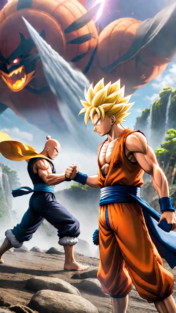  anime art of saitama facing off against goku, naruto, and luffy in an epic showdown. hyperrealistic, full body, detailed clothing, highly detailed, cinematic lighting, stunningly beautiful, intricate, sharp focus, f/1. 8, 85mm, (centered image composition), (professionally color graded), ((bright soft diffused light)), volumetric fog, trending on instagram, trending on tumblr, HDR 4K, 8K