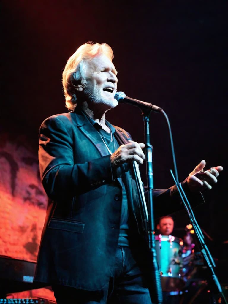  Country singer, Kris Kristofferson, on stage, medium shot, upper body, spotlight, long exposure lighting, street art style spray paint, glamour lighting