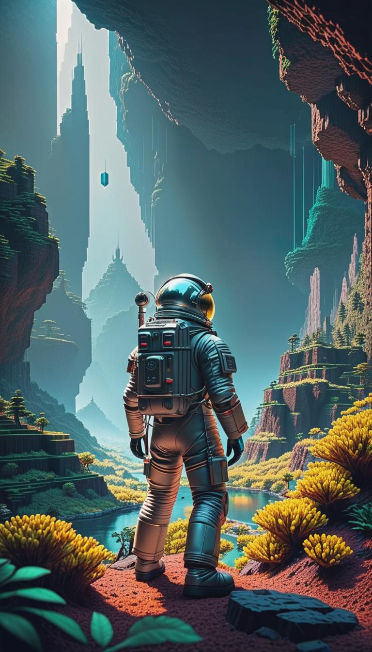  depiction of an astronaut exploring a pixelated alien terrain. low res, blocky, pixel art style, 8 bit graphics. in a pixel art style reminiscent of minecraft. the design uses low resolution, blocky graphics to create a detailed and vibrant scene. the subject is rendered in a charming 8 bit aesthetic, creating a nostalgic and immersive atmosphere. hyperrealistic, full body, detailed clothing, highly detailed, cinematic lighting, stunningly beautiful, intricate, sharp focus, f/1. 8, 85mm, (centered image composition), (professionally color graded), ((bright soft diffused light)), volumetric fog, trending on instagram, trending on tumblr, HDR 4K, 8K