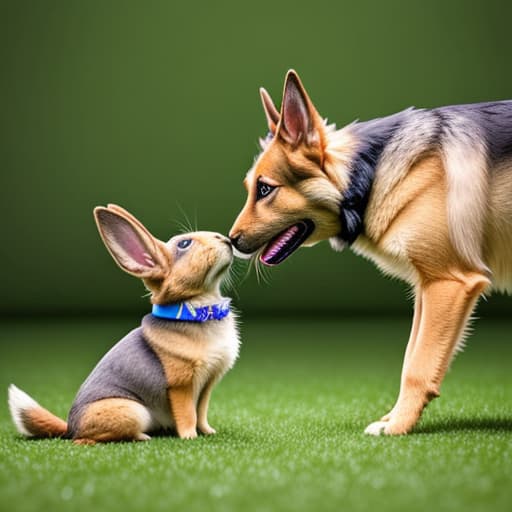  german shepherd dog loving a bunny rabbit hyperrealistic, full body, detailed clothing, highly detailed, cinematic lighting, stunningly beautiful, intricate, sharp focus, f/1. 8, 85mm, (centered image composition), (professionally color graded), ((bright soft diffused light)), volumetric fog, trending on instagram, trending on tumblr, HDR 4K, 8K