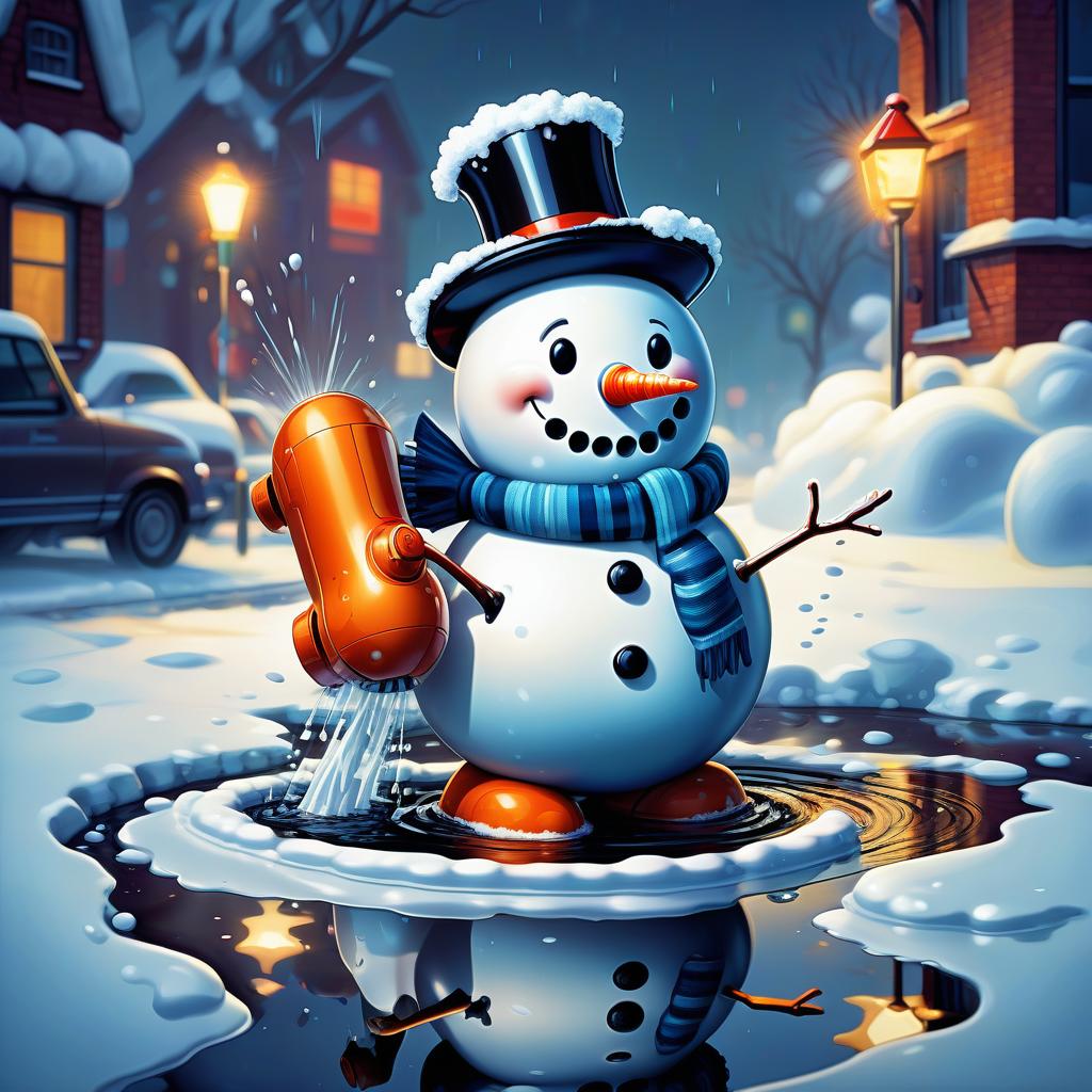  retro game art snowman melts from the warm air from the hair dryer, under it a large puddle has flowed . 16 bit, vibrant colors, pixelated, nostalgic, charming, fun