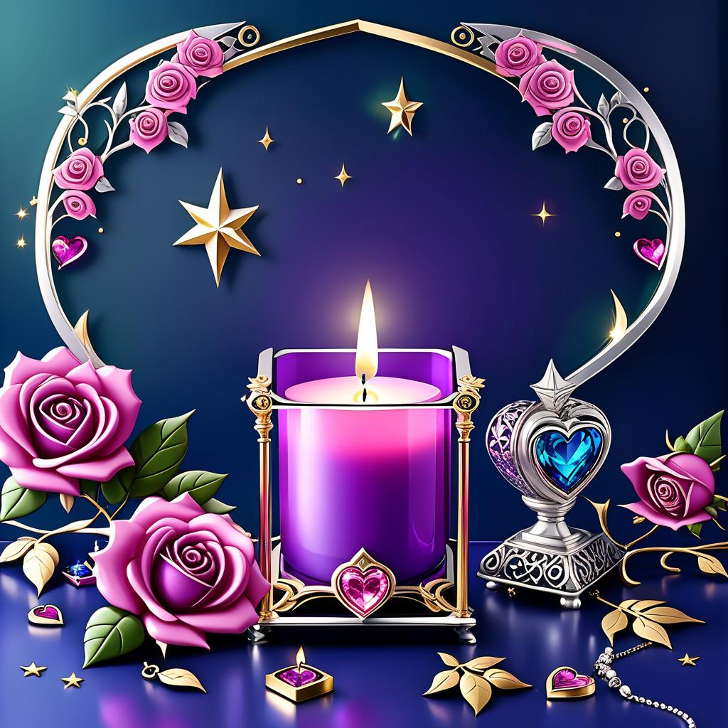  luxury product style (background):colour:violet blue. (background decoration):silver frames in the shape of hearts and gold fancy stars. (centre):glass square pink candlestick and lighter decorated with fancy roses. (rose colour):pink, dark pink, with cream border. (leaf colour):dark green, green blue, light green. (style):fantasy, fantasy art design, jewellery, interior. . elegant, sophisticated, high end, luxurious, professional, highly detailed