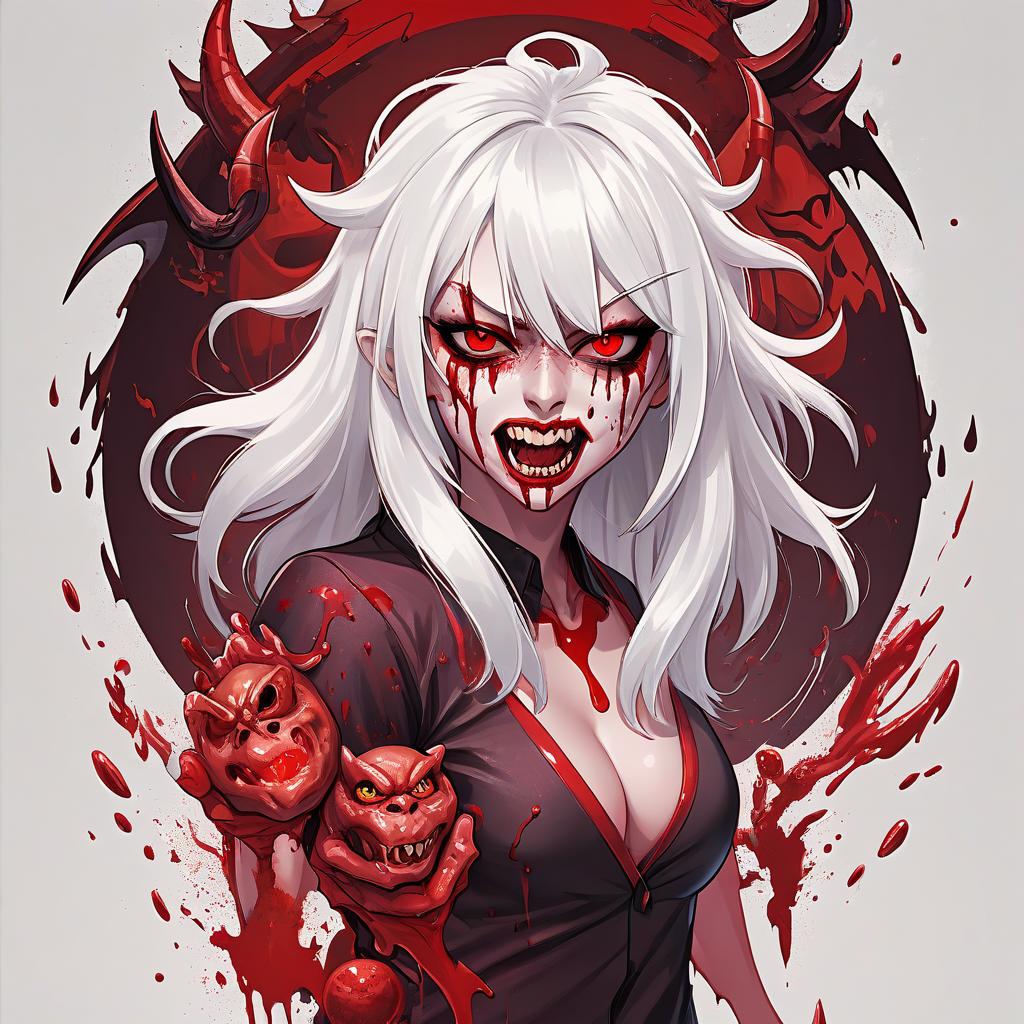  advertising poster style demon , white hair, asian, red shades, blood on the face, . professional, modern, product focused, commercial, eye catching, highly detailed