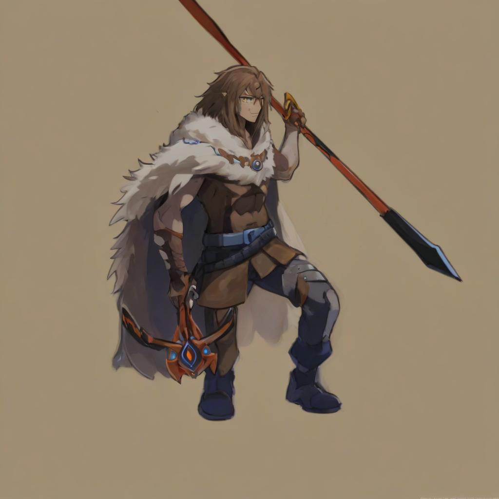  anime artwork human , strong, tribe man, crossbow, brown fur cape , blue eyes, . anime style, key visual, vibrant, studio anime, highly detailed