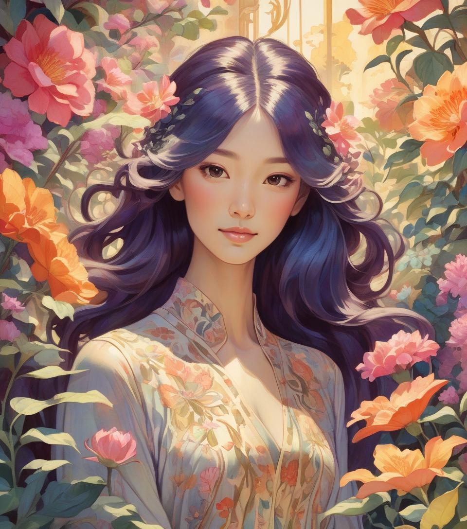  expressionist oriental woman sporting a subtle smile amidst an opulent flower garden, imperial hues enveloping the art nouveau inspired floral backdrop, crowned regally, radiant backlighting highlighting her flowing hair, radiant, mythical allure transcending existence, watercolor aesthetic, greg rutkowski's touch, trending on artstation, razor sharp focus, studio setting, elaborate intricacies, volumetric . raw, emotional, dynamic, distortion for emotional effect, vibrant, use of unusual colors, detailed