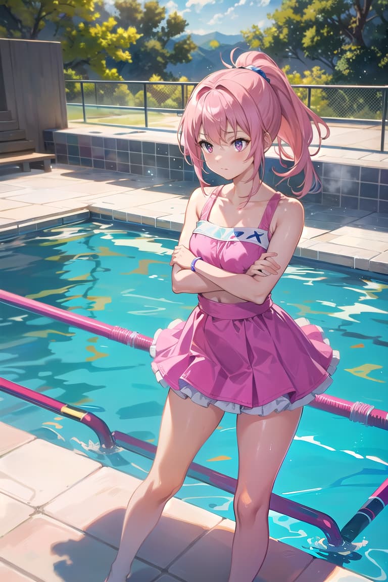  r 18, , middle , ,random situation, pink haired ,ponytail,large eyes,at the hot springs. wearing a bright yellow , stands in a swimming pool, looking shy and awkward; her arms are crossed over her , and she avoids eye contact with the camera, which is positioned at water level, capturing her against the vint blue tiles of the pool. BREAK Subject: young woman, shy expression, crossed arms BREAK Clothing: bright yellow BREAK Pose/camera: standing in pool, avoiding eye contact, camera at water level BREAK Background: vint blue pool tiles