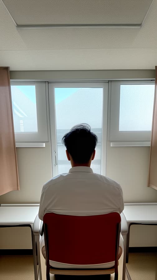  Back view of man sitting on chair in hospital room in dim light