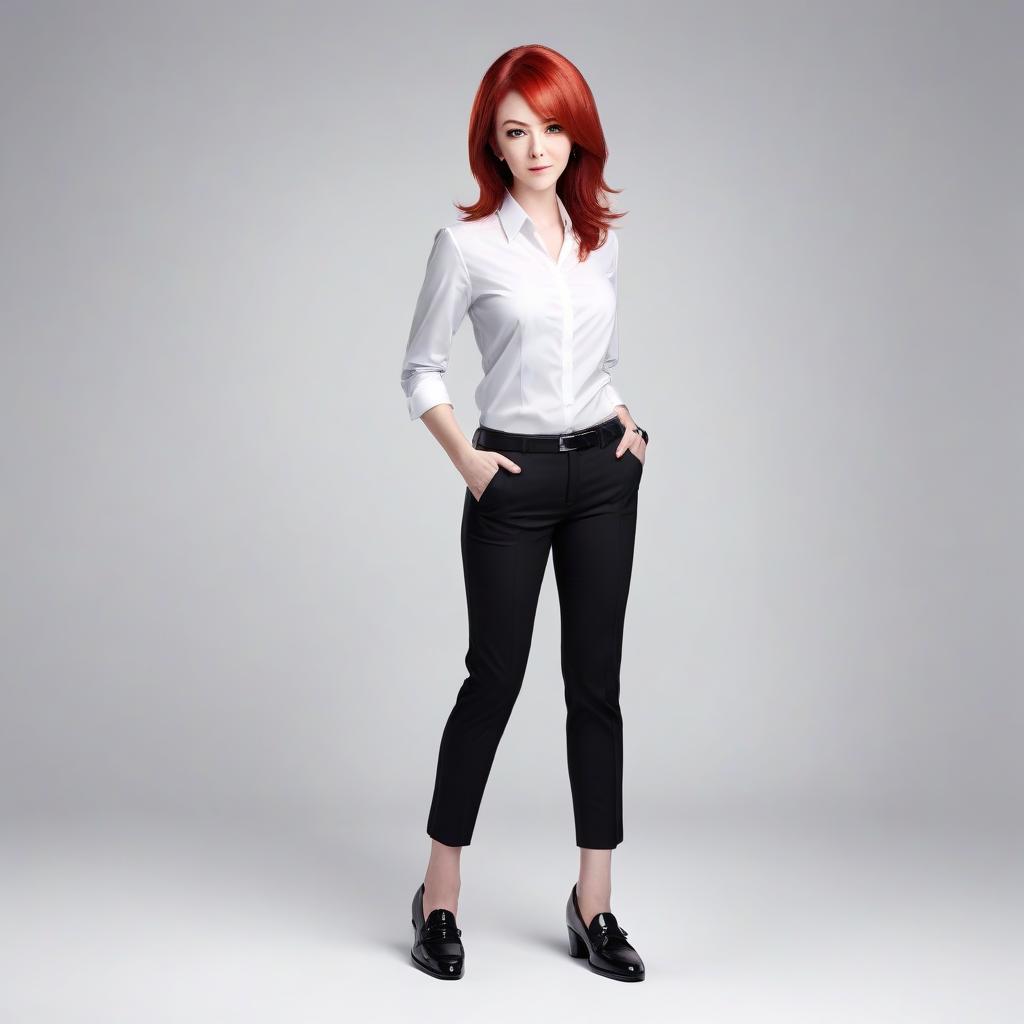  make me a man, an office worker, full length, red hair, white background, white shirt, black pants, black shoes