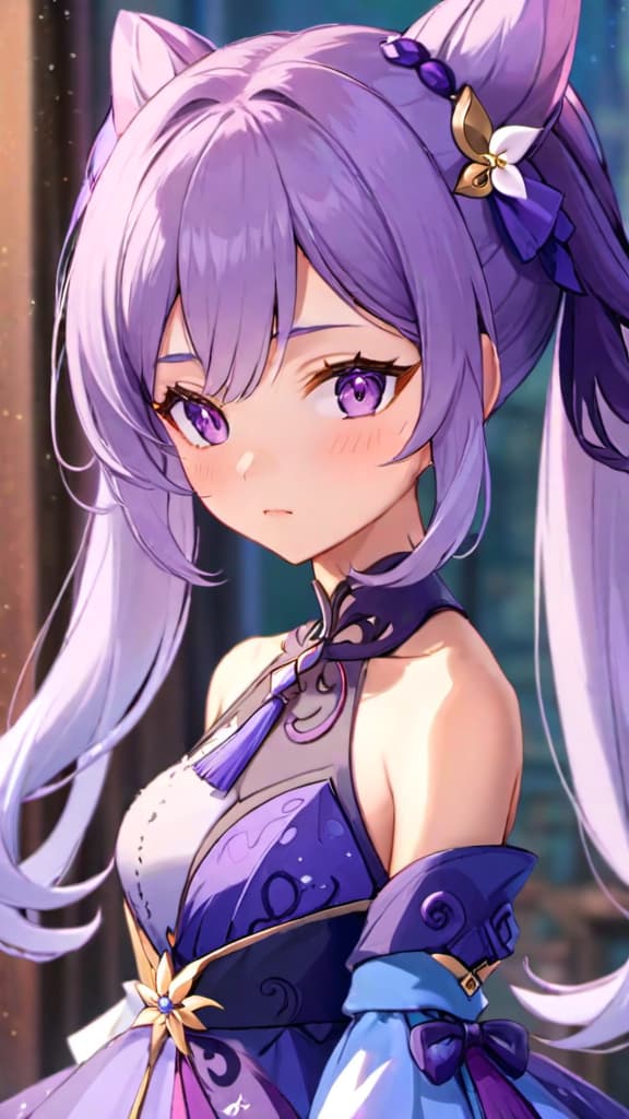  双腿叉开的大胸比基尼美女, keqing (genshin impact),purple eyes,purple hair,twintails, hair ornament,bare shoulders,dress,hair bun,detached sleeves,