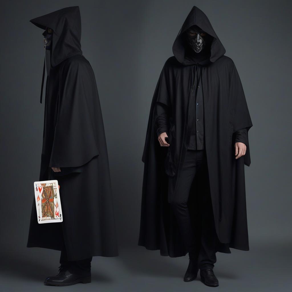  a man, a long black cloak with a bunch of pockets, black pants with many pockets, a hat with cards on it, a mask on his face