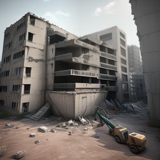  a disassembled building in a section where there are various structures (concrete, metal). nearby is an excavator that has a bucket or hydraulic scissors to be able to destroy the building. view 3/4. style 3d art digital