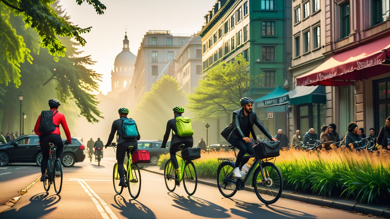  a vibrant urban scene showcasing diverse bicycles, including touring bikes with racks, hybrid models, and comfortable cruisers, parked against a backdrop of busy streets, green parks, and cyclists riding in dynamic city settings. hyperrealistic, full body, detailed clothing, highly detailed, cinematic lighting, stunningly beautiful, intricate, sharp focus, f/1. 8, 85mm, (centered image composition), (professionally color graded), ((bright soft diffused light)), volumetric fog, trending on instagram, trending on tumblr, HDR 4K, 8K