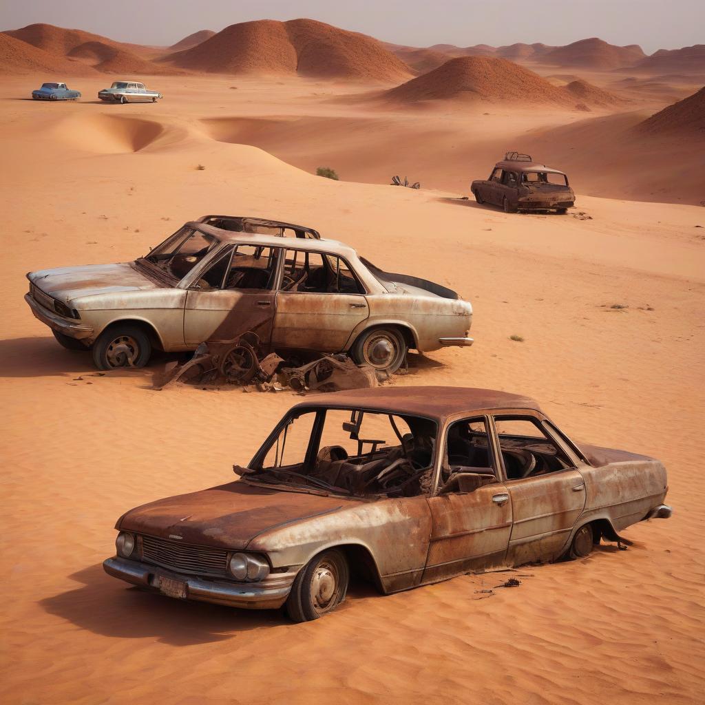  a pile of old rusty cars in the desert. on top are two deadd camels.