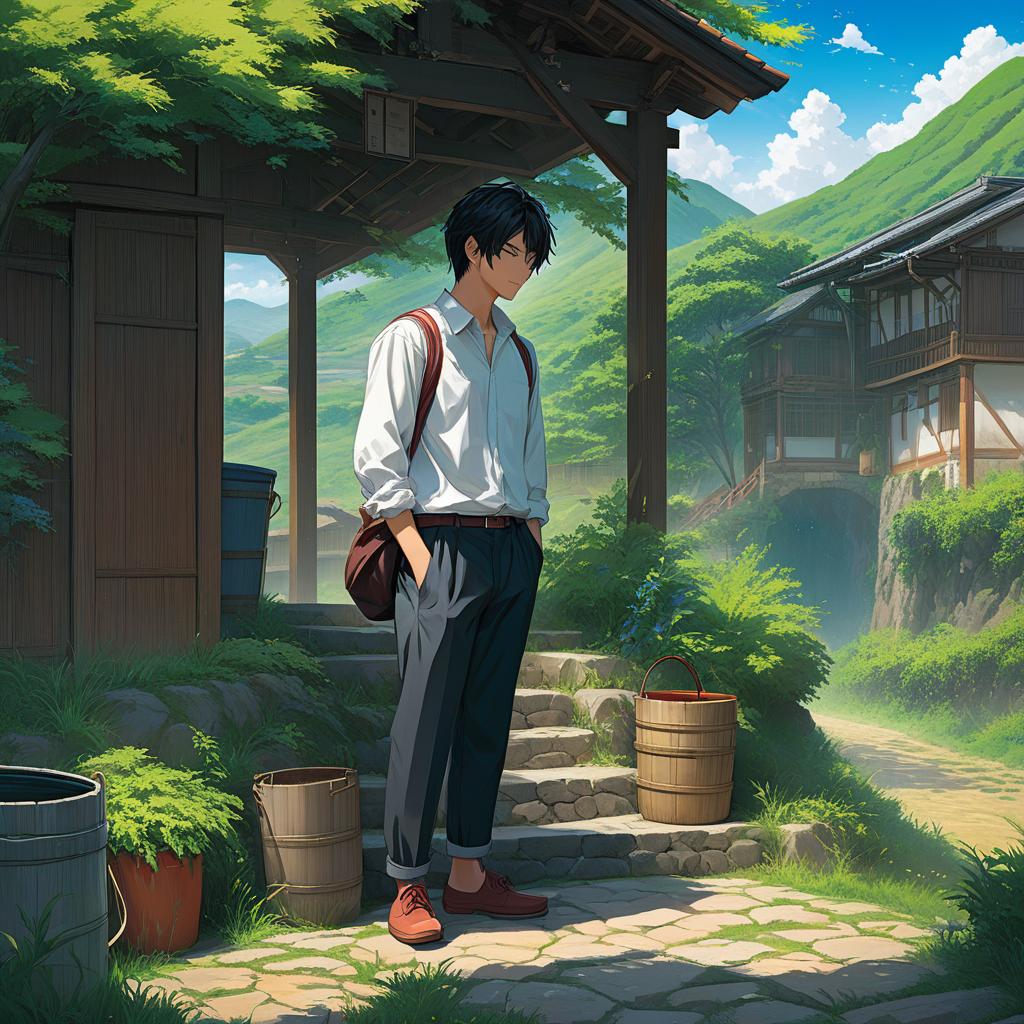  scene 4: the persona leaving the well the persona, still holding two wooden pails filled with water, walks away from the old, rustic well in a quiet rural village. he is dressed in simple, traditional clothing—a light shirt and rolled up pants—his back slightly hunched as if weighed down by both the pails and his lingering shyness. his steps are slow and hesitant, as if reluctant to leave the serene scene behind., anime artwork, anime style, key visual, vibrant, studio anime, highly detailed