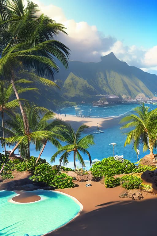  Hawaii room, blue sky outside, beach, 3D hyperrealistic, full body, detailed clothing, highly detailed, cinematic lighting, stunningly beautiful, intricate, sharp focus, f/1. 8, 85mm, (centered image composition), (professionally color graded), ((bright soft diffused light)), volumetric fog, trending on instagram, trending on tumblr, HDR 4K, 8K