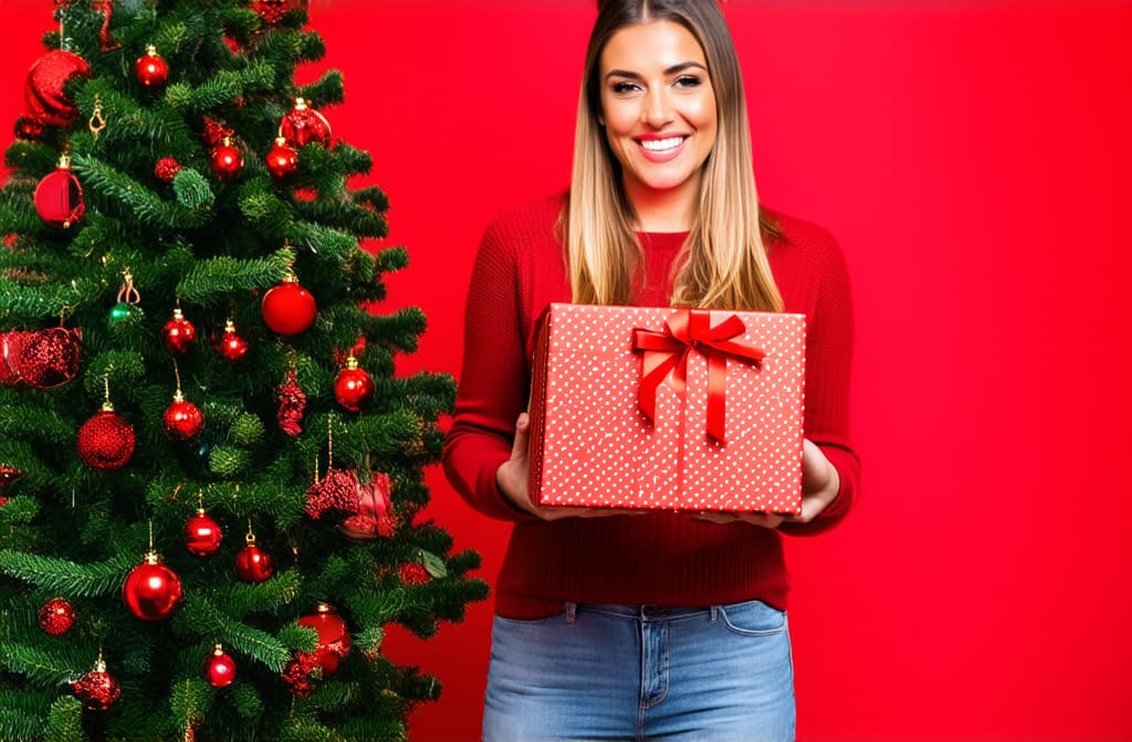  professional detailed photography, happy smiling woman holding gift box over red background ar 3:2, (muted colors, dim colors, soothing tones), (vsco:0.3)