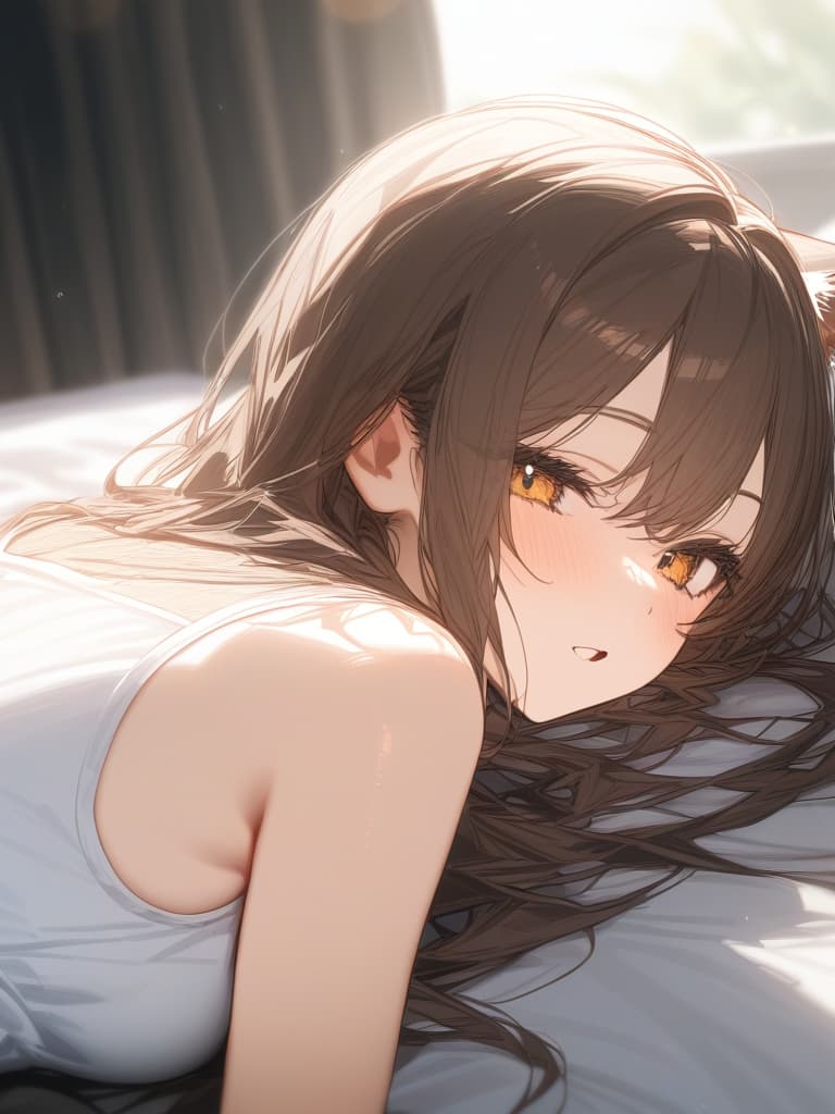  on the bed, brown hair, cat ears, cute, white dress, masterpiece, best quality,8k,ultra detailed,high resolution,an extremely delicate and beautiful,hyper detail