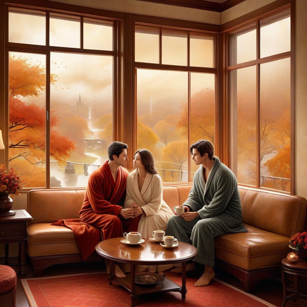  digital illustration, ink and watercolor on parchment, with fine shading of the edges, depicting an two lovers, a man and a woman dressed in pajamas in a warm room and looking out the window, sitting on a sofa at a table and drinking hot tea, looking out the panoramic window, a monotonous autumn rain is falling outside the window, soft diffused lighting in warm tones envelops her, enhancing the mystical aura around her slender form.