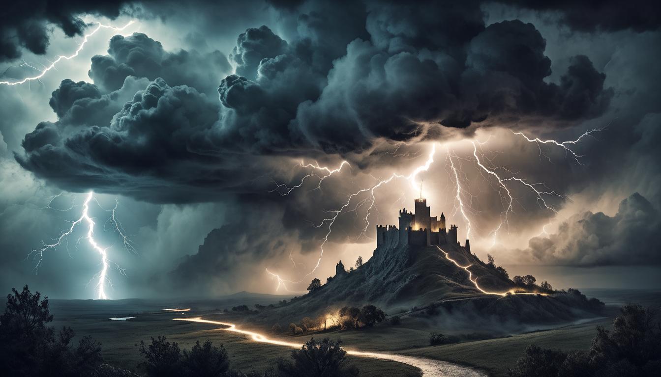  on parchment, surrealism+++, lightning bolt striking through dark clouds, no warning, sense of sudden and powerful retribution, dramatic and intense(mysterious, provocative, symbolic,muted color)+++