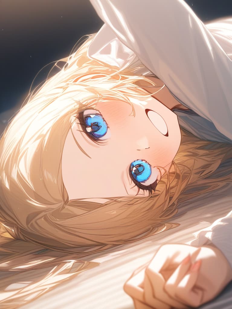  blond, girl, lying down, smiling, blue eyes, masterpiece, best quality,8k,ultra detailed,high resolution,an extremely delicate and beautiful,hyper detail