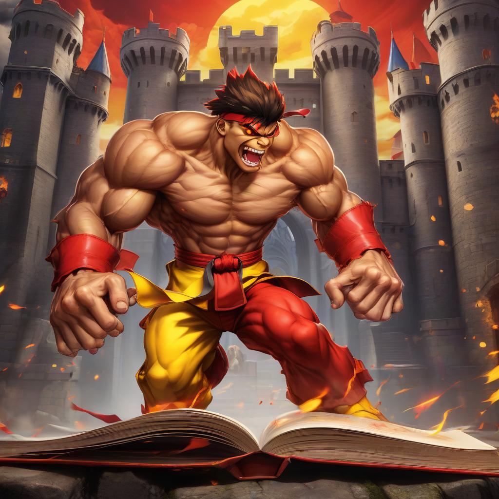  street fighter style book with large teeth and red yellow eyes on the background of the castle . vibrant, dynamic, arcade, 2d fighting game, highly detailed, reminiscent of street fighter series